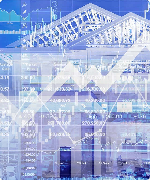 Abstract image of stock market charts, homes, and digital marketing analytics overlay.