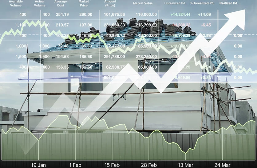 A building under construction with stock data overlay, symbolizing digital marketing, SEO services, and web development for the roofing industry.