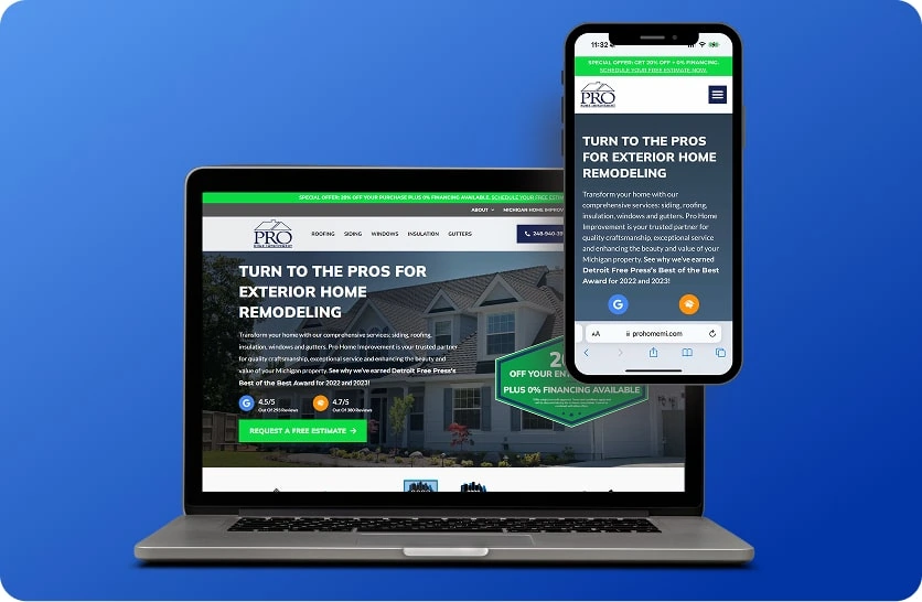 A laptop and smartphone display a web development agency’s SEO and marketing site.