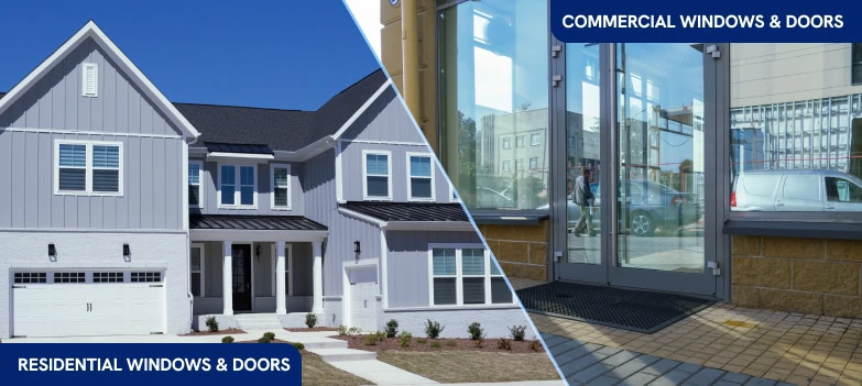 Split image of residential and commercial buildings illustrating seo services and web development by a digital marketing agency.