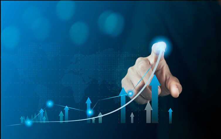 A hand points at a rising graph with upward arrows, symbolizing digital marketing agency SEO services growth.
