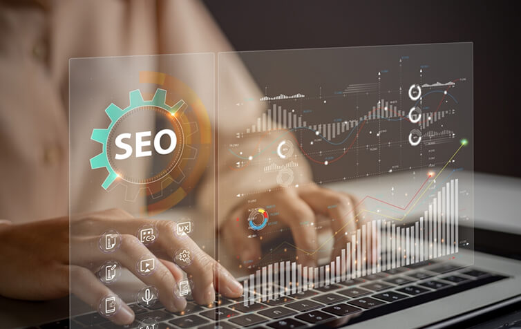Digital marketing agency expert typing on laptop with SEO, content marketing, and analytics graphics overlay.