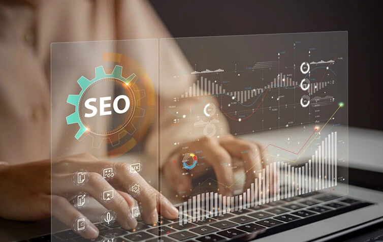 Digital marketing agency expert typing on laptop with SEO, content marketing, and analytics graphics overlay.