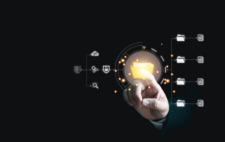 A hand interacts with a digital interface of folder icons, symbolizing SEO services and content marketing by a digital marketing agency.