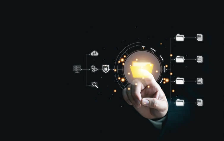 A hand interacts with a digital interface of folder icons, symbolizing SEO services and content marketing by a digital marketing agency.