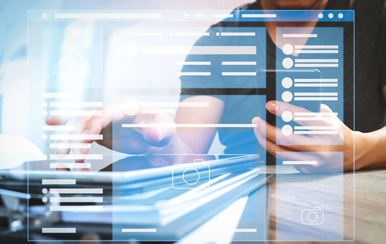 A person uses smartphone and tablet at desk with Mira Vie branding, showing digital marketing, SEO services, and web development concepts.