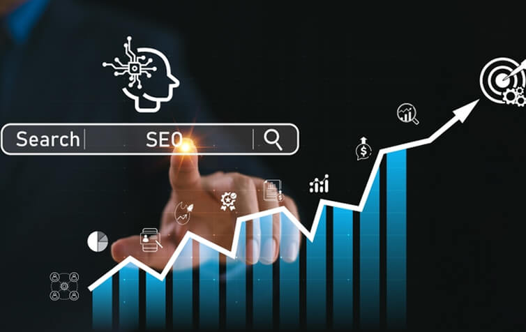 A person taps a virtual SEO search bar, with graphs illustrating digital marketing agency SEO services and web development growth.