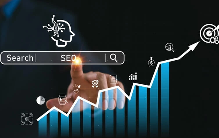 A person taps a virtual SEO search bar, with graphs illustrating digital marketing agency SEO services and web development growth.