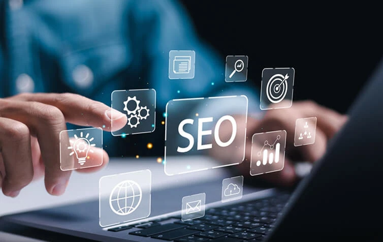 A person using a laptop with SEO, content marketing, and web development icons for a digital marketing agency.
