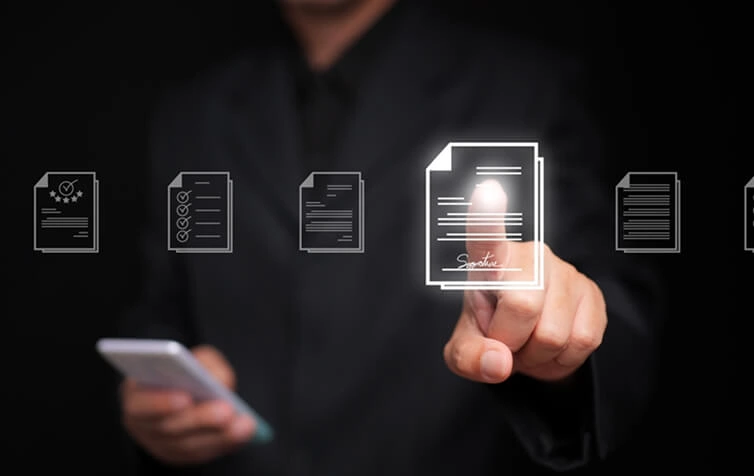 A digital marketing agency expert in a suit uses a smartphone to manage SEO services and content marketing on-screen.
