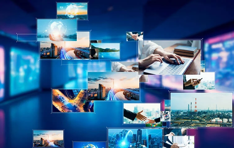Collage of digital screens with business, SEO, social media marketing, and web development images.