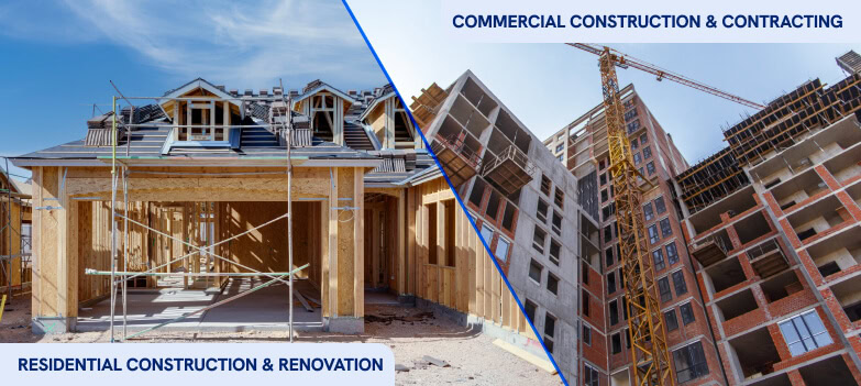 Split image of house and commercial building under construction, labeled for digital marketing agency, SEO services, and web development.