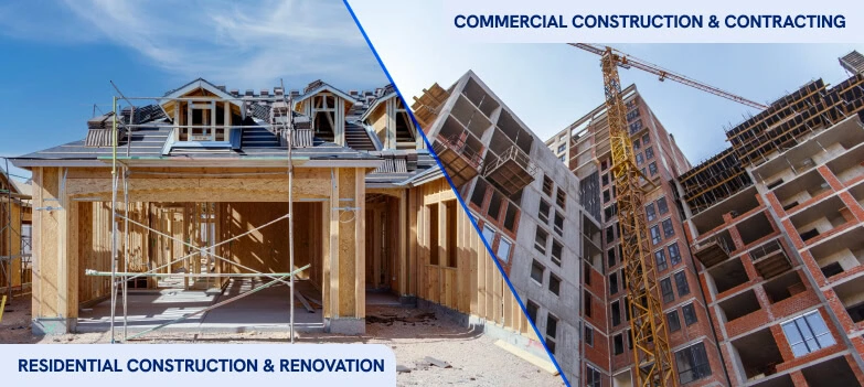 Split image of house and commercial building under construction, labeled for digital marketing agency, SEO services, and web development.