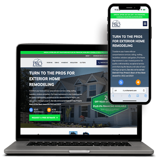 A laptop and smartphone show a home renovation site by a digital marketing agency with SEO services.