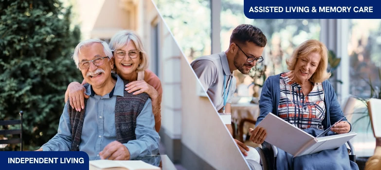 Split image for digital marketing agency: Independent Living couple and Assisted Living SEO content.
