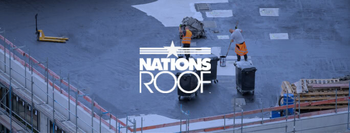 Two workers in orange vests on a roof, renovation; Nations Roof logo, digital marketing agency branding.