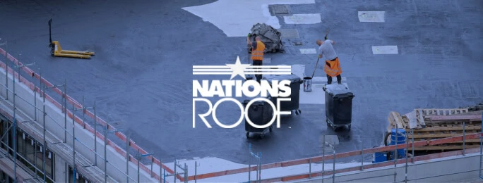 Two workers in orange vests on a roof, renovation; Nations Roof logo, digital marketing agency branding.