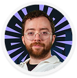 A digital marketing agency expert with glasses and a beard in front of a radial black and purple background.