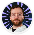 A digital marketing agency expert with glasses and a beard in front of a radial black and purple background.