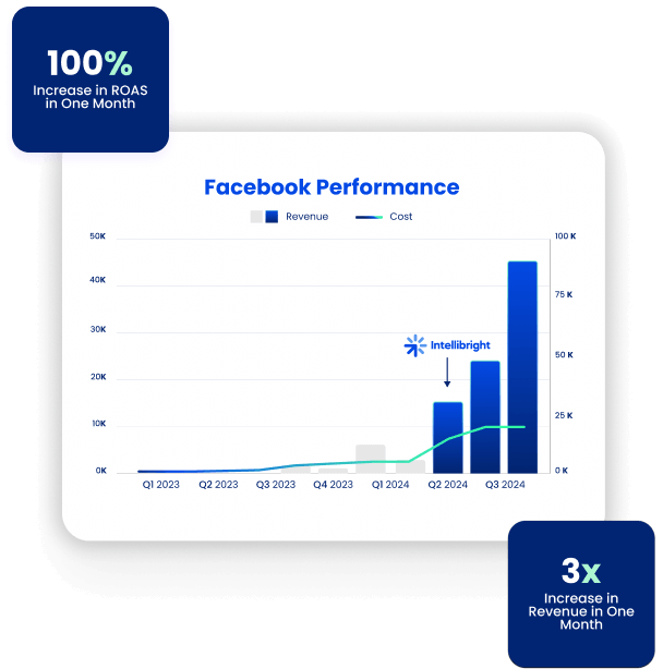 Bar and line graph of Facebook revenue and costs, showing post-Q2 2024 spike from digital marketing agency, SEO services, and paid media trends.