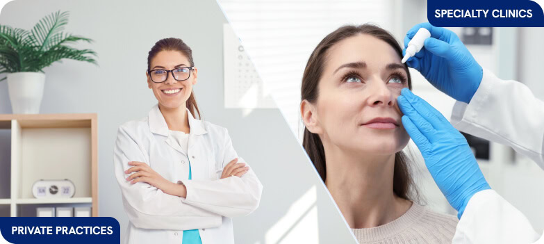Split image of a doctor and patient with text on healthcare, private practices, and specialty clinics, highlighting digital marketing agency services.