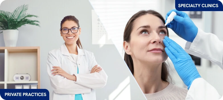 Split image of a doctor and patient with text on healthcare, private practices, and specialty clinics, highlighting digital marketing agency services.