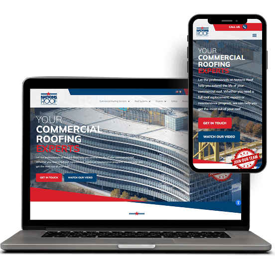 A laptop and smartphone show a roofing site homepage designed for SEO services, web development, and digital marketing agency promotion.