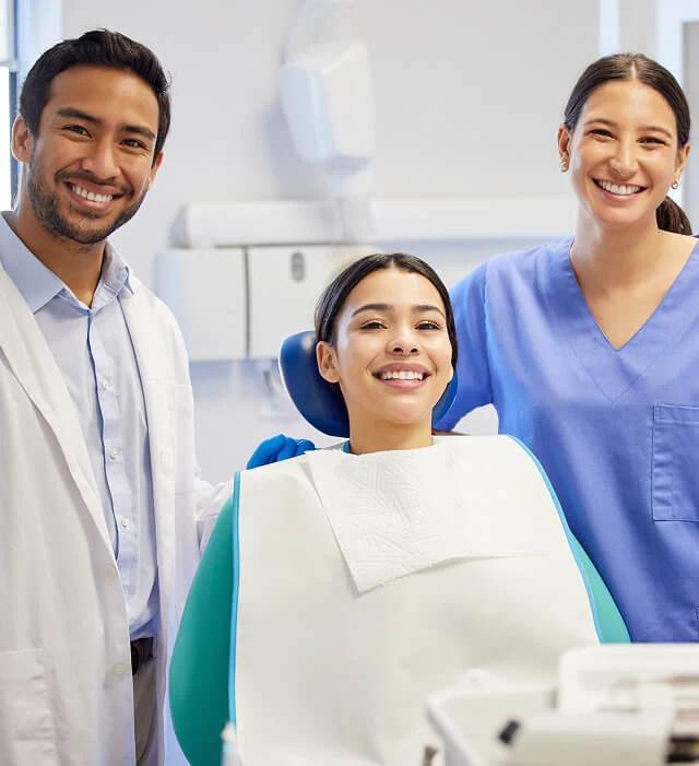 A dentist team with a patient in a modern clinic, perfect for digital marketing agency or SEO services promotion.