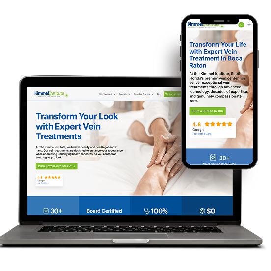 A laptop and smartphone showcase a vein treatment site designed by a digital marketing agency featuring booking, reviews, SEO services, and web development.