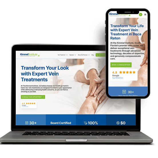 A laptop and smartphone showcase a vein treatment site designed by a digital marketing agency featuring booking, reviews, SEO services, and web development.