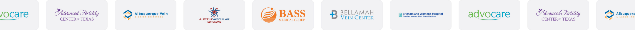 Seven healthcare organization logos for senior living digital marketing services on white.