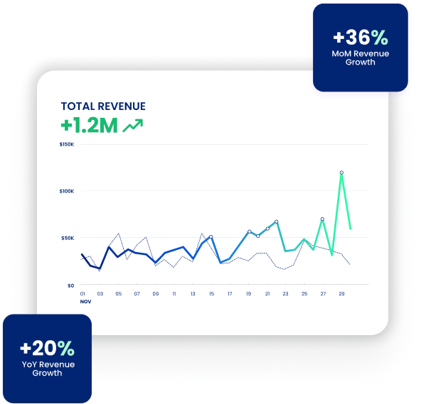 A line graph shows E-Commerce revenue hitting $1.2M in November, with 36% MoM and 20% YoY growth from digital marketing and paid media efforts.