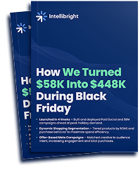 Stack of blue booklets on e-commerce, SEO services, content marketing, and paid media agency results.