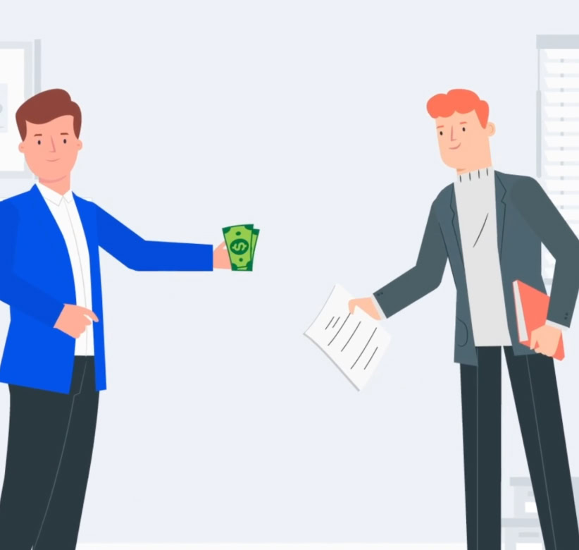 Two illustrated men exchange cash for documents on a dynamic page, symbolizing digital marketing services like SEO, web development, and paid media.