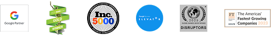 Six award logos for our digital marketing agency showing expertise in SEO, social media, web development, and content marketing.