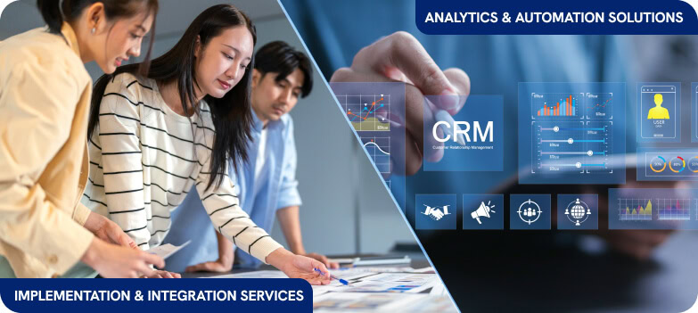 A digital marketing agency team reviews documents as graphics show SEO, content marketing, and analytics solutions.