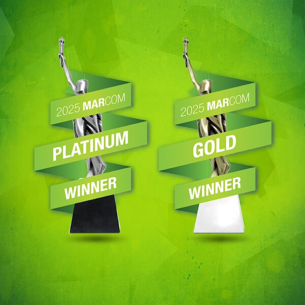 Two trophies for "2025 MarCom Platinum Winner" and "Gold Winner" highlight digital marketing agency excellence against a green backdrop.