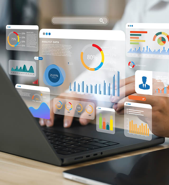 Digital marketing agency expert using laptop with SEO services, content marketing, and social media analytics dashboards.