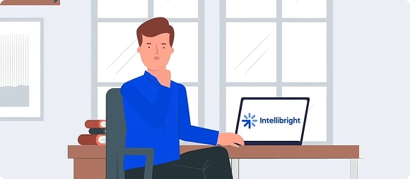 Illustration of a person at a desk with laptop, Intellibright logo, books, and windows—digital marketing agency, SEO services at work.