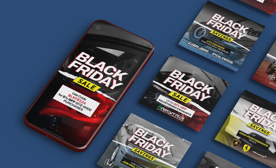 A smartphone and flyers promote an automotive Black Friday campaign with digital marketing, SEO, and paid media elements on a vibrant blue background.