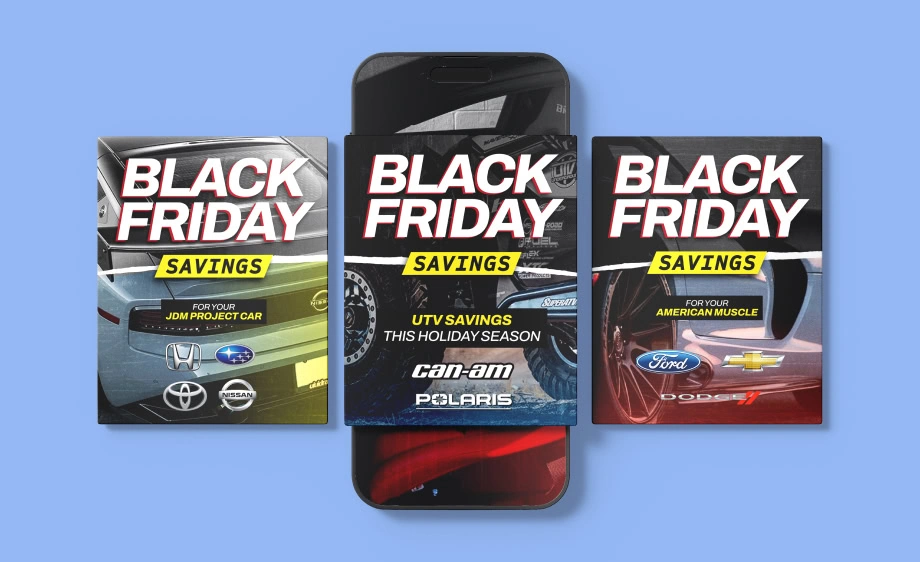 Black Friday auto ads with top brand logos on posters and smartphone for paid media, SEO, and social media marketing promotion.