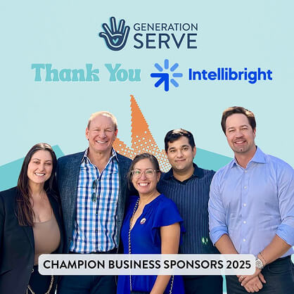 Five people smile before a Generation Serve backdrop featuring digital marketing and SEO agency sponsor logos.