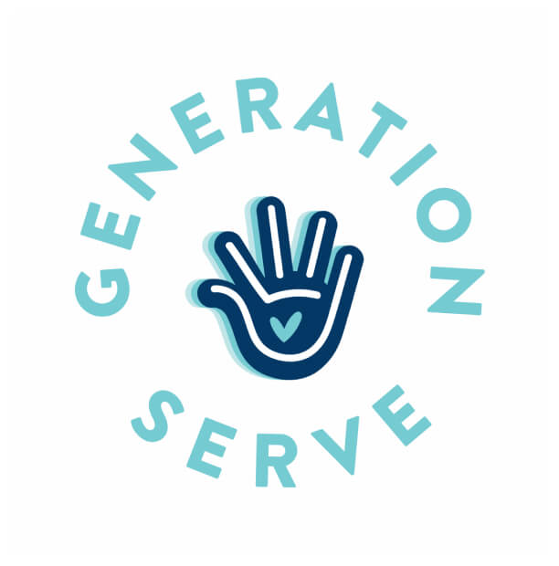 A blue handprint with heart, "GENERATION SERVE"; digital marketing agency support.