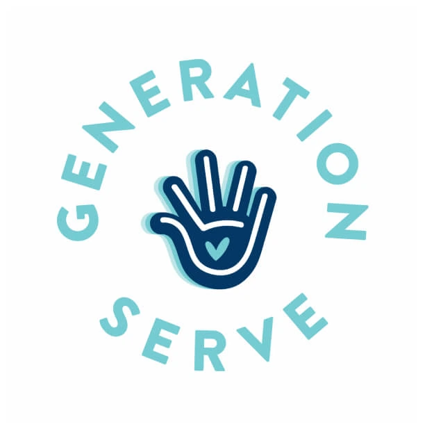 A blue handprint with heart, "GENERATION SERVE"; digital marketing agency support.