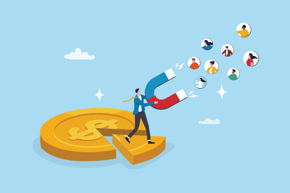 Businessperson on coin attracting people icons with magnet for digital marketing, SEO, social media, and lead generation agency concepts.