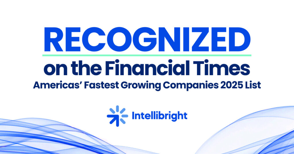 Banner celebrating Intellibright, a top digital marketing agency, on FT Fastest Growing Companies 2025 with blue wave graphics.