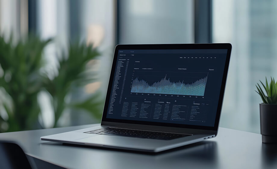 A laptop on a table displays a digital marketing dashboard with SEO and content analytics.
