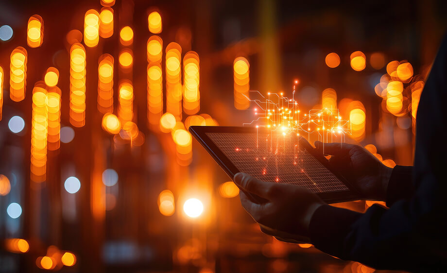 Digital marketing agency pro holds tablet with SEO, content marketing, and Hubspot tech.