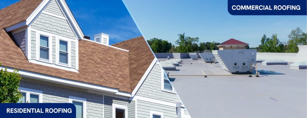 Split image of residential and commercial roofs promoting SEO and web development services.